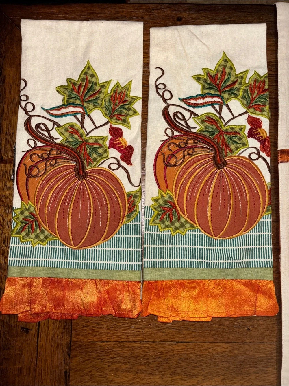 Pier 1 Fall Pumpkin & Tree Kitchen Towels & Table Runner, Orange, Green, Browns